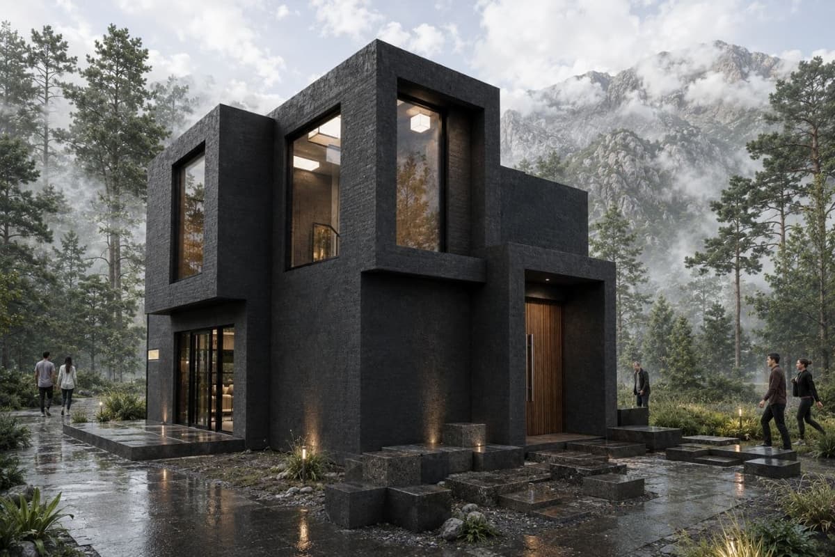 Calma.Basic black-skin modular massing in misty pines — charcoal stone volumes Philippines
