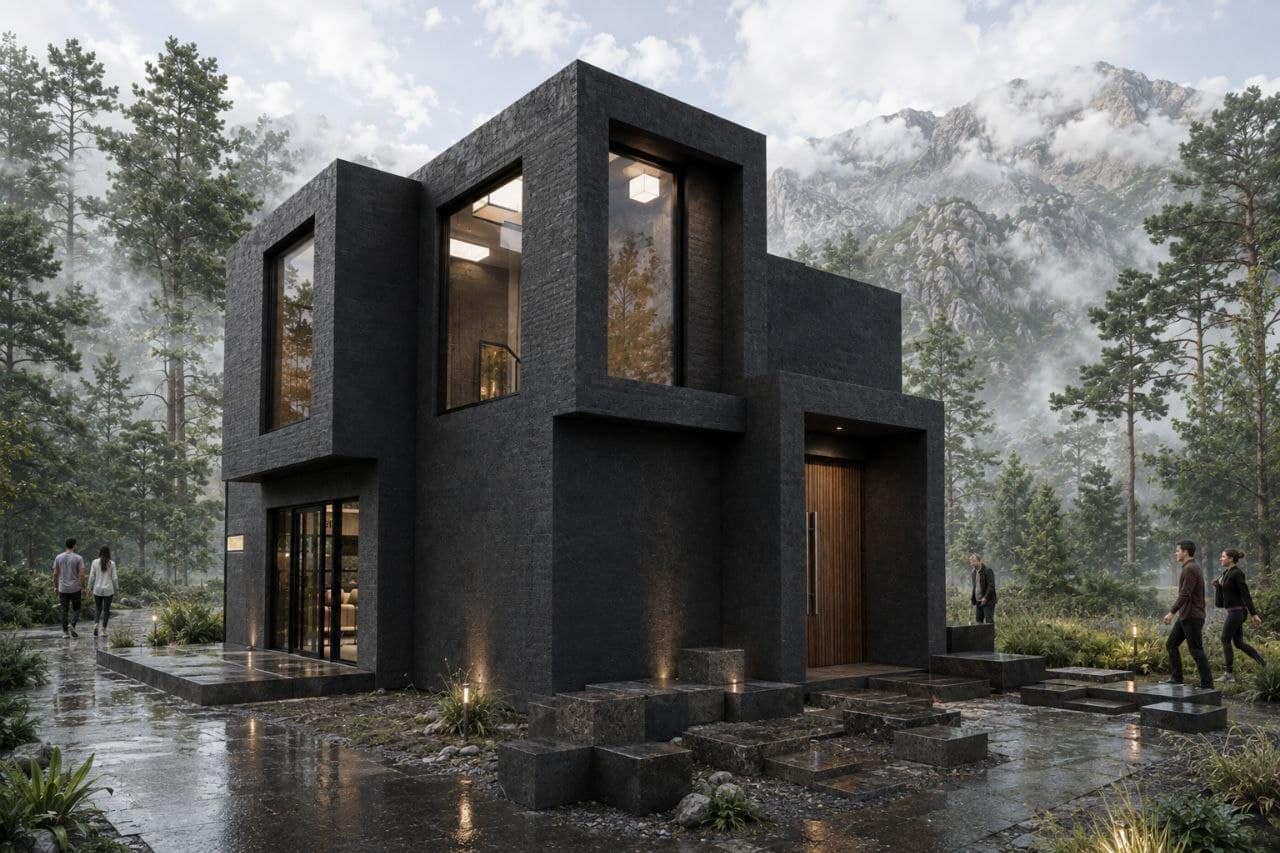 Calma.Basic black-skin modular massing in misty pines — charcoal stone volumes Philippines