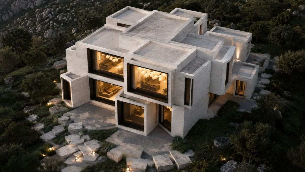Calma.Basic modular home on a Philippine hillside overlooking open land