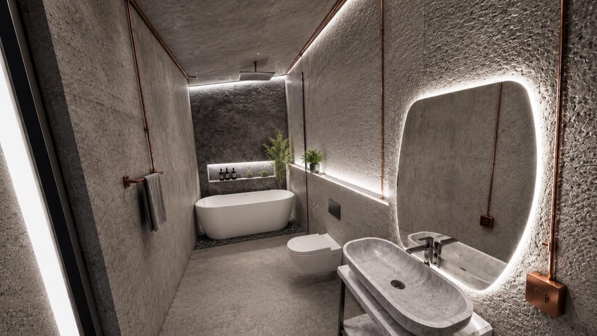 Calma.Basic spa bath hall with stone walls, copper lines, and freestanding tub — five-star ID