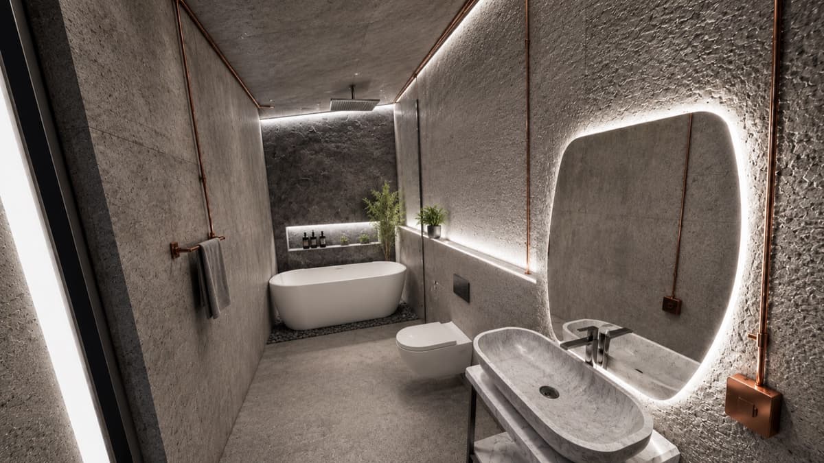 Calma.Basic spa bath hall with stone walls, copper lines, and freestanding tub — five-star ID