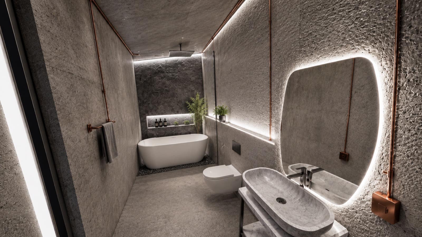 Calma.Basic spa bath hall with stone walls, copper lines, and freestanding tub — five-star ID