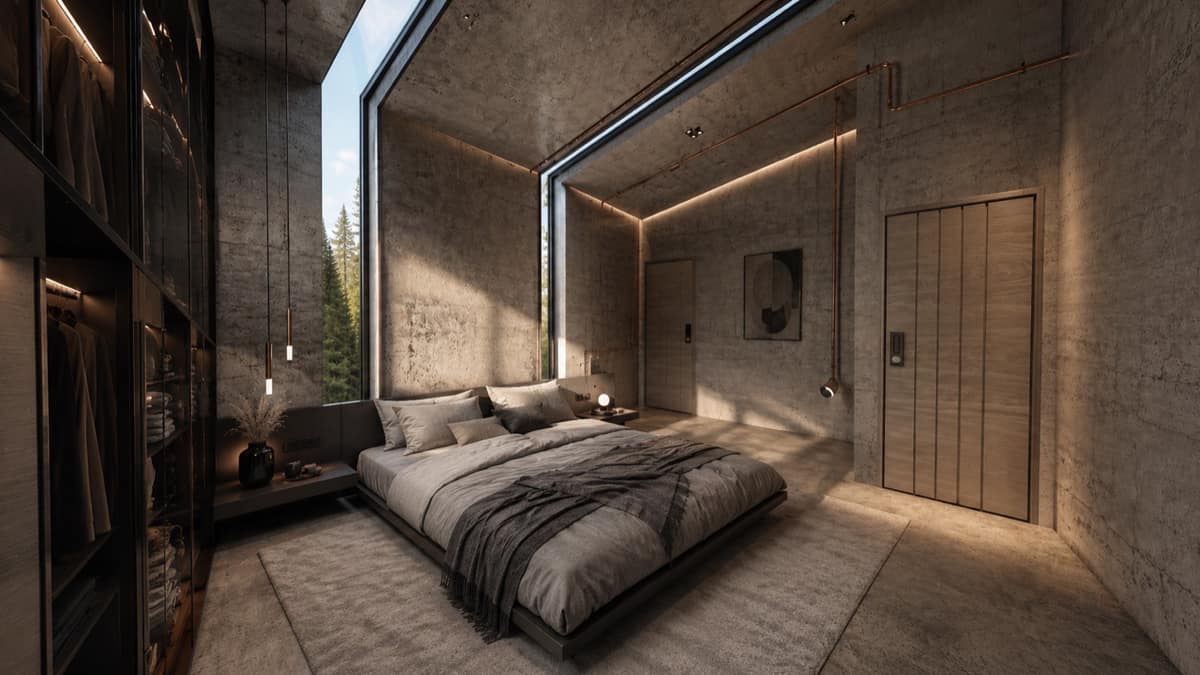 Calma.Basic bedroom with corner forest glazing and copper pendants — modular home suite Philippines