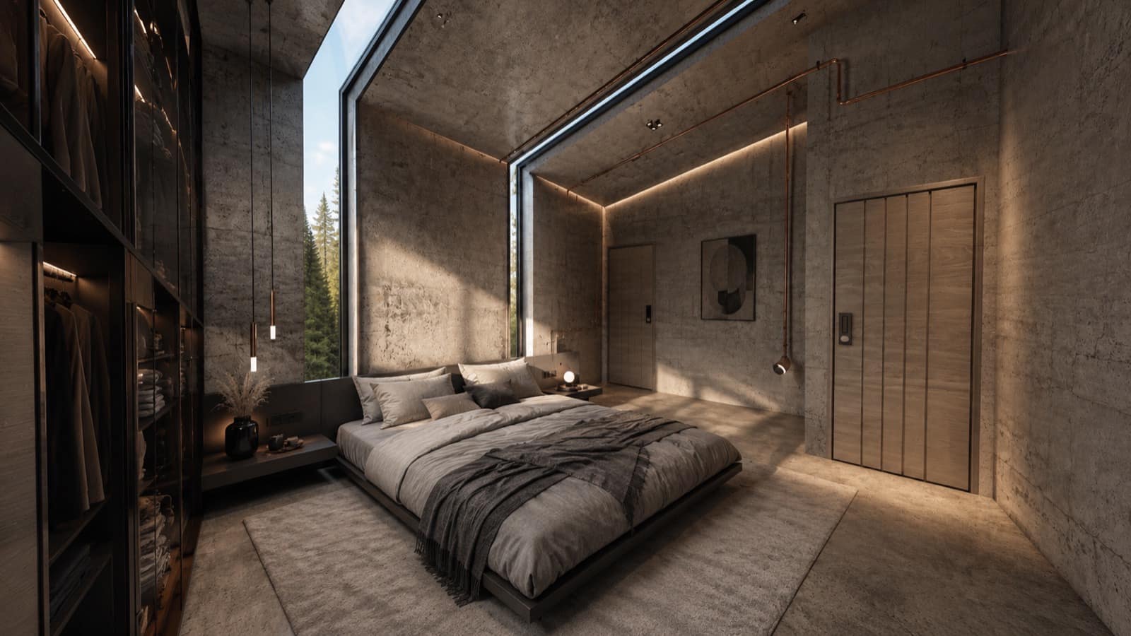Calma.Basic bedroom with corner forest glazing and copper pendants — modular home suite Philippines