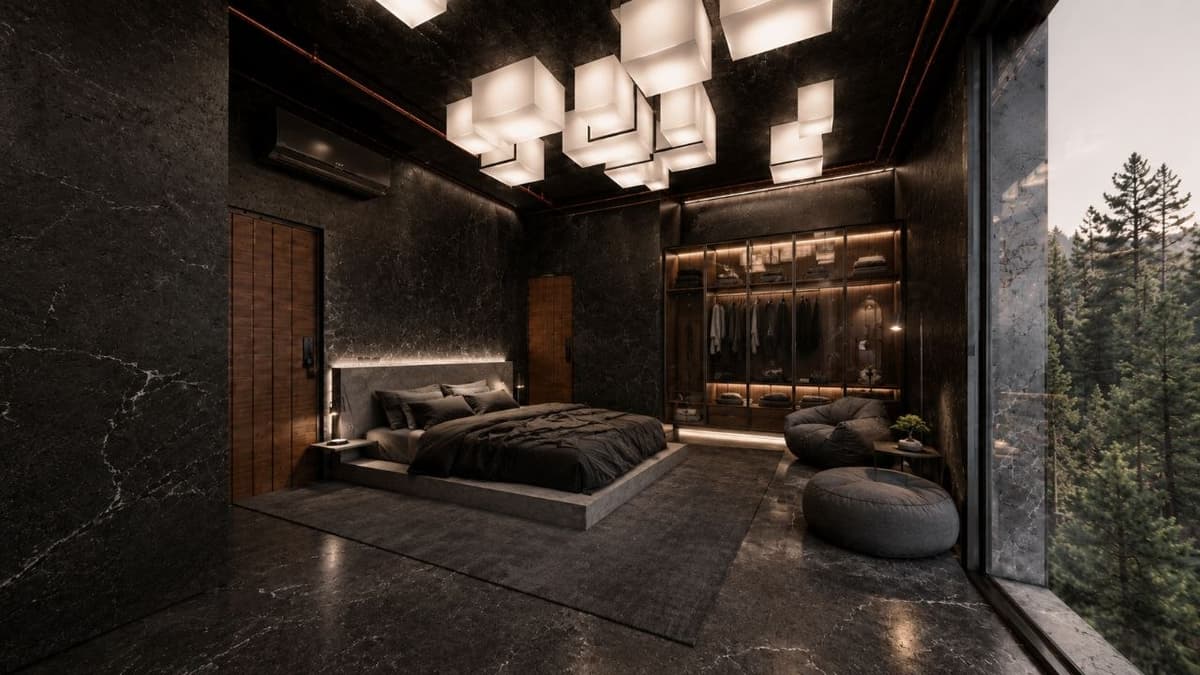 Calma.Basic black-skin bedroom suite — charcoal stone, glass wardrobe, forest glazing