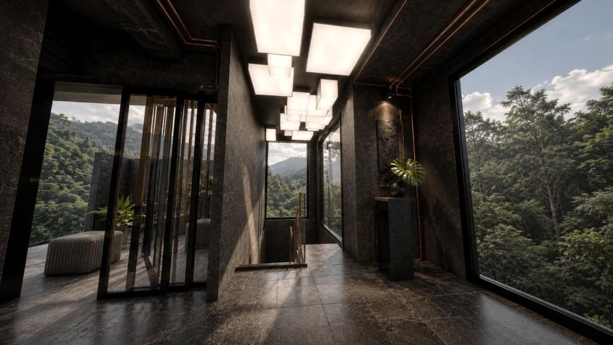 Calma.Basic black-skin upper hall — charcoal stone, forest glazing, cube lanterns
