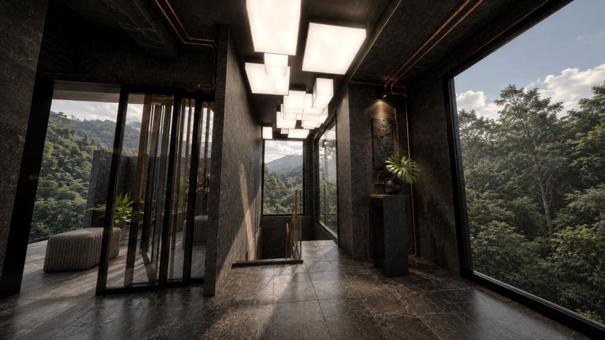 Calma.Basic black-skin upper hall — charcoal stone, forest glazing, cube lanterns