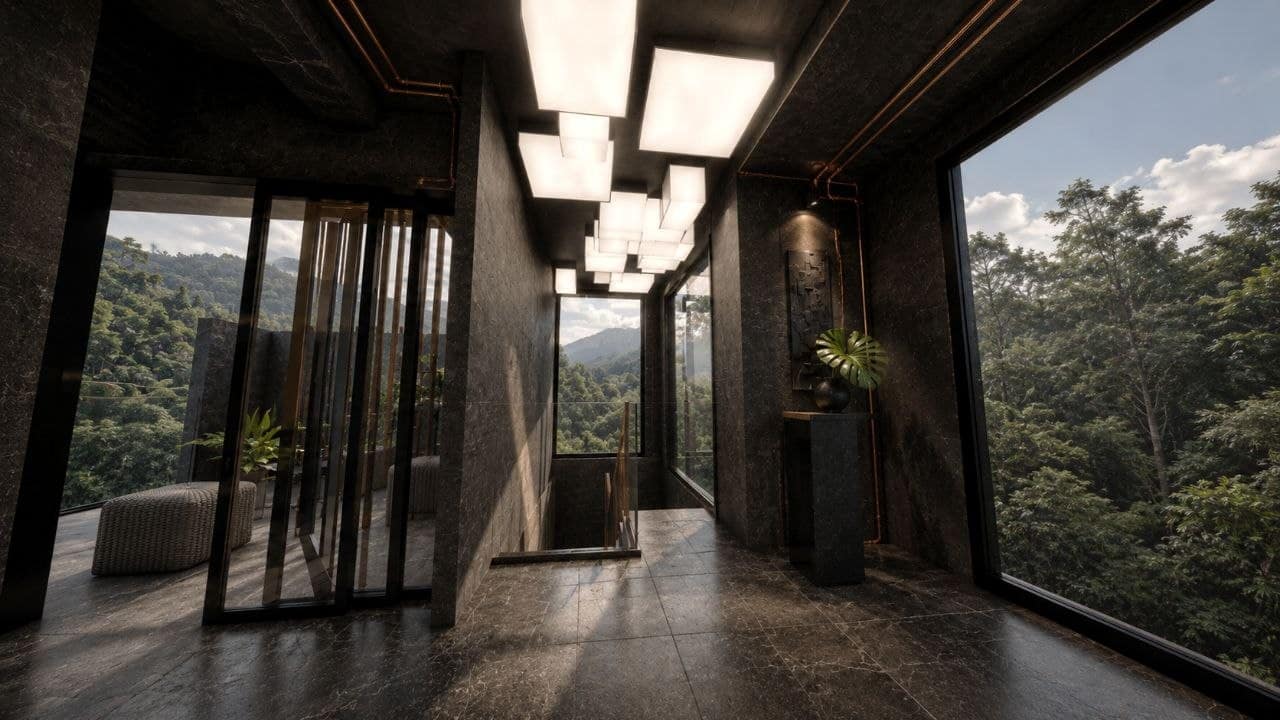 Calma.Basic black-skin upper hall — charcoal stone, forest glazing, cube lanterns