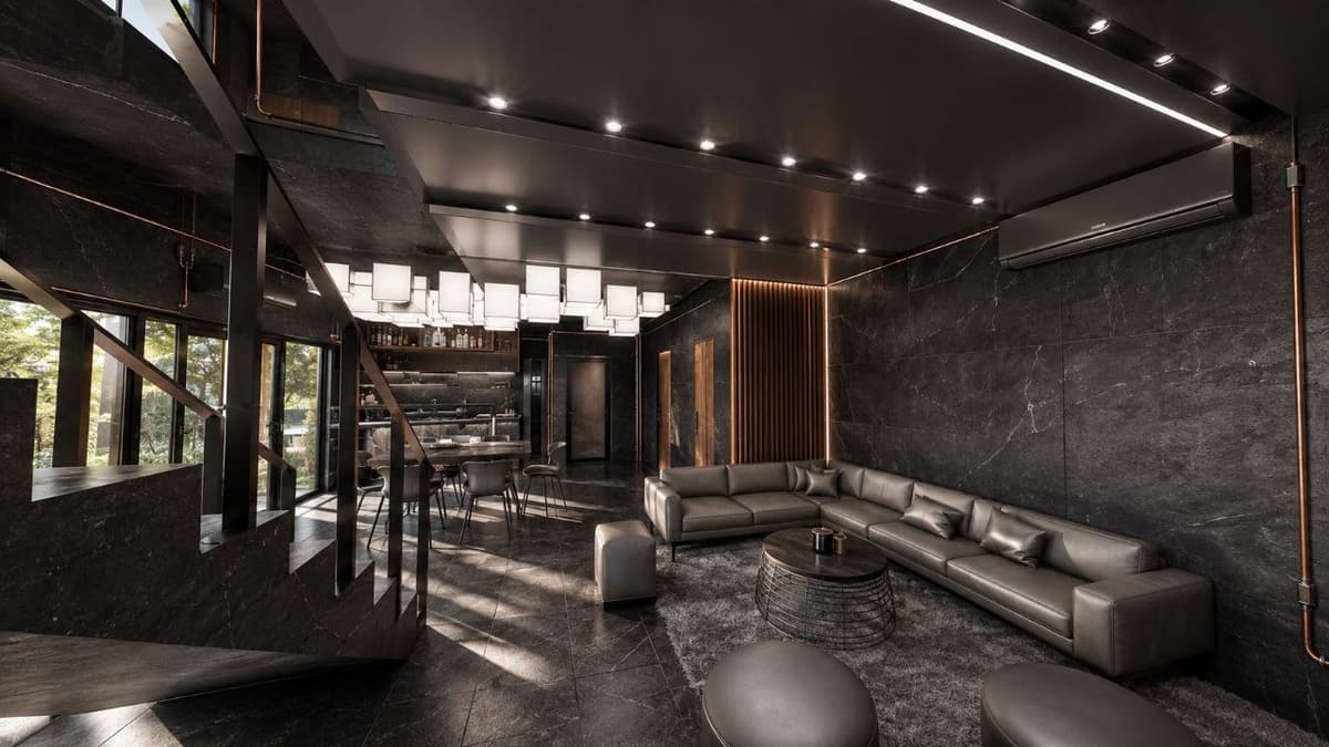 Calma.Basic black-skin living and dining — dark stone stair, copper conduits, cube lantern bar