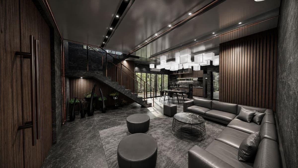 Calma.Basic black-skin open living — charcoal stone, wood slats, cube lanterns, forest glazing