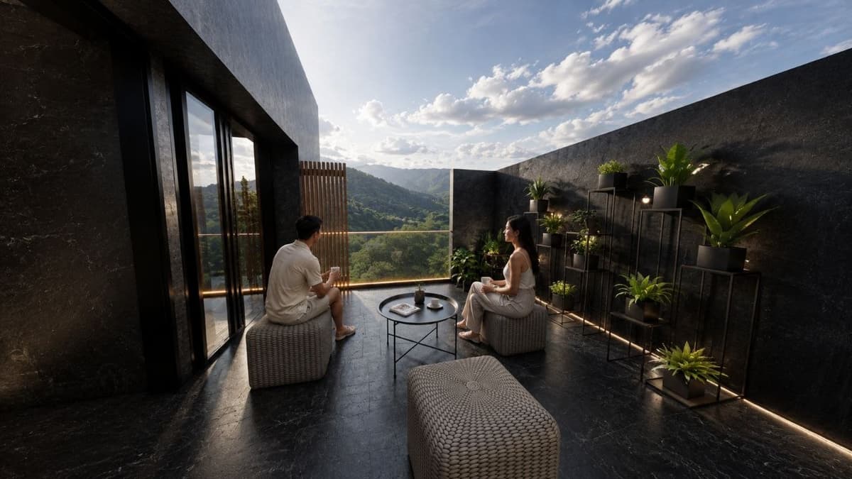 Calma.Basic black-skin terrace — charcoal stone balcony overlooking mountain valley