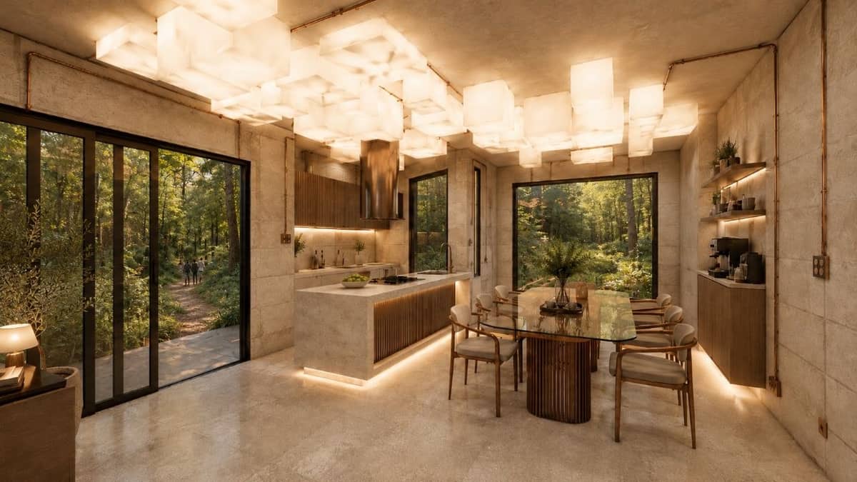 Calma.Basic open kitchen and dining with forest view — copper hood and cube lantern ceiling