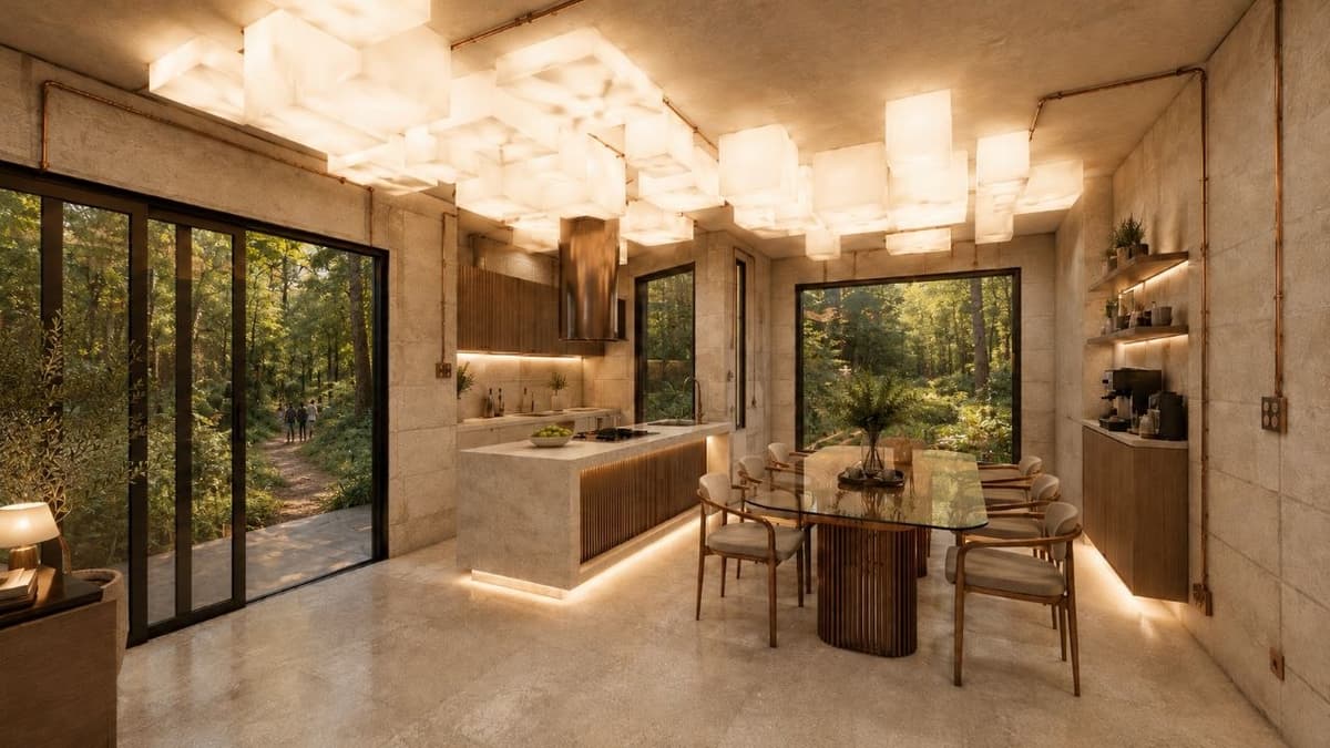 Calma.Basic open kitchen and dining with forest view — copper hood and cube lantern ceiling