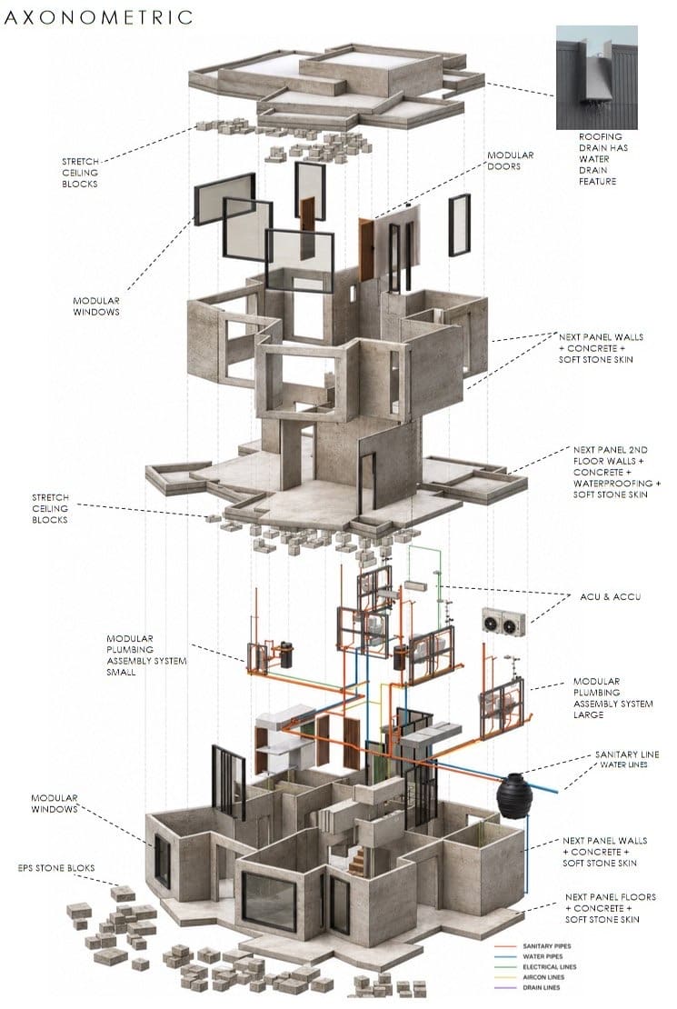 Calma.Basic axonometric assembly — modular walls, floors, MEP, aircon, and EPS stone blocks