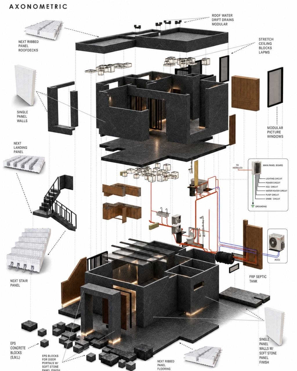 Calma.Basic black-skin exploded assembly — soft-stone panels, MEP, stairs, and EPS blocks
