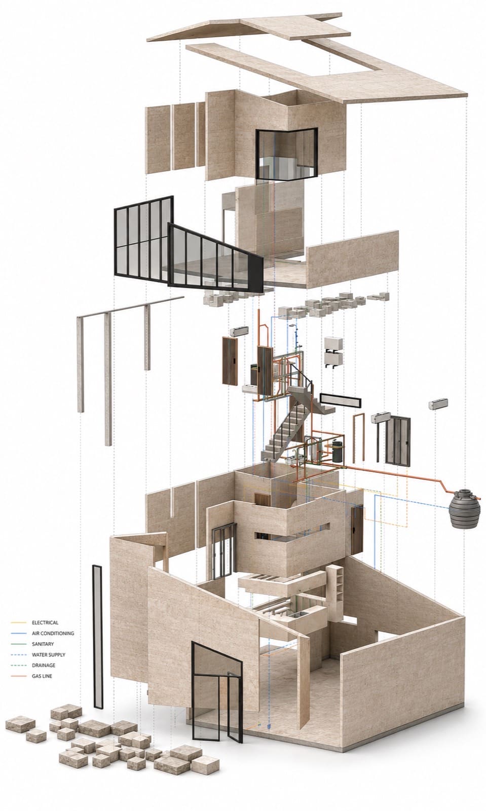 Calma.Basic double-A exploded assembly — structure and color-coded MEP systems for DFMA